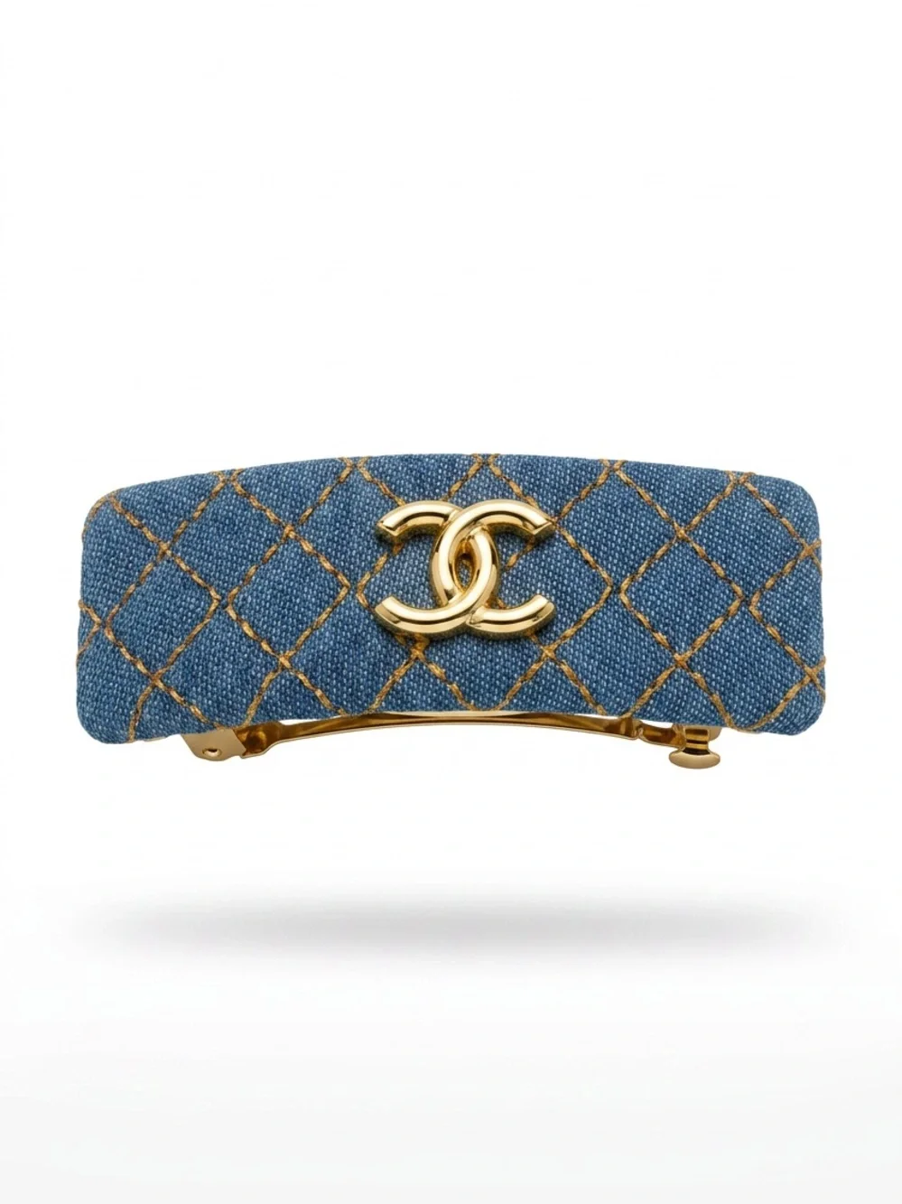 Blue Quilted Denim Barrette with Gold CC Hardware
